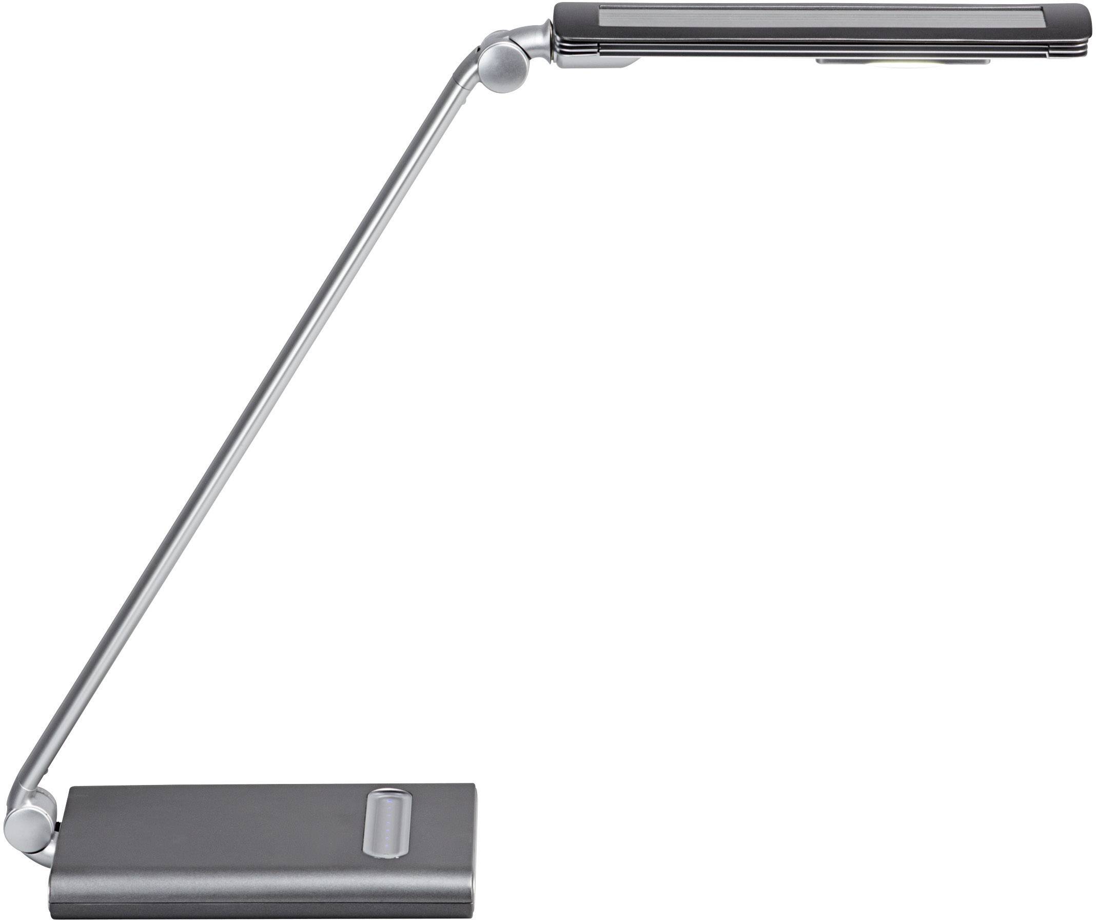 A sleek, modern desk lamp with an adjustable arm and rectangular light head mounted on a flat, rectangular base.