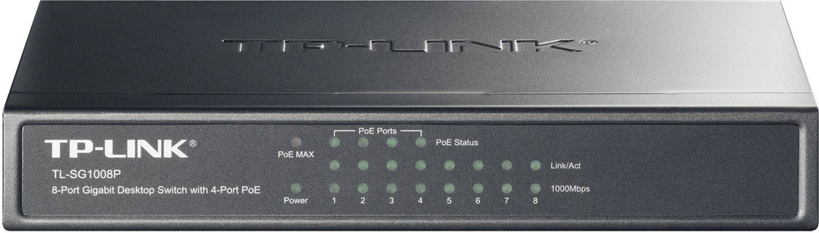Black TP-Link 8-Port Gigabit Desktop Switch with PoE. Front panel displays status LEDs for Ports 1-8 and PoE status indicators.