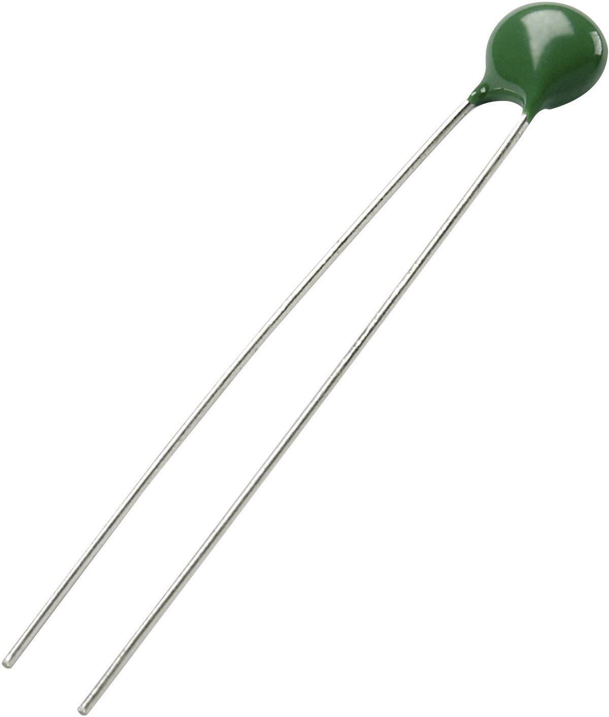 A green ceramic thermistor with two long metal leads, used for temperature measurement and control.