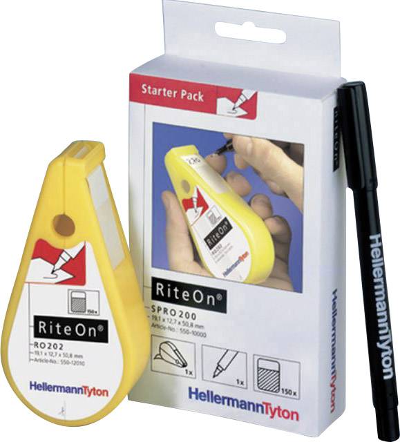 Starter Pack 'RiteOn' by HellermannTyton: Yellow labelling device with pen for cable marking. Packaging shows product application.
