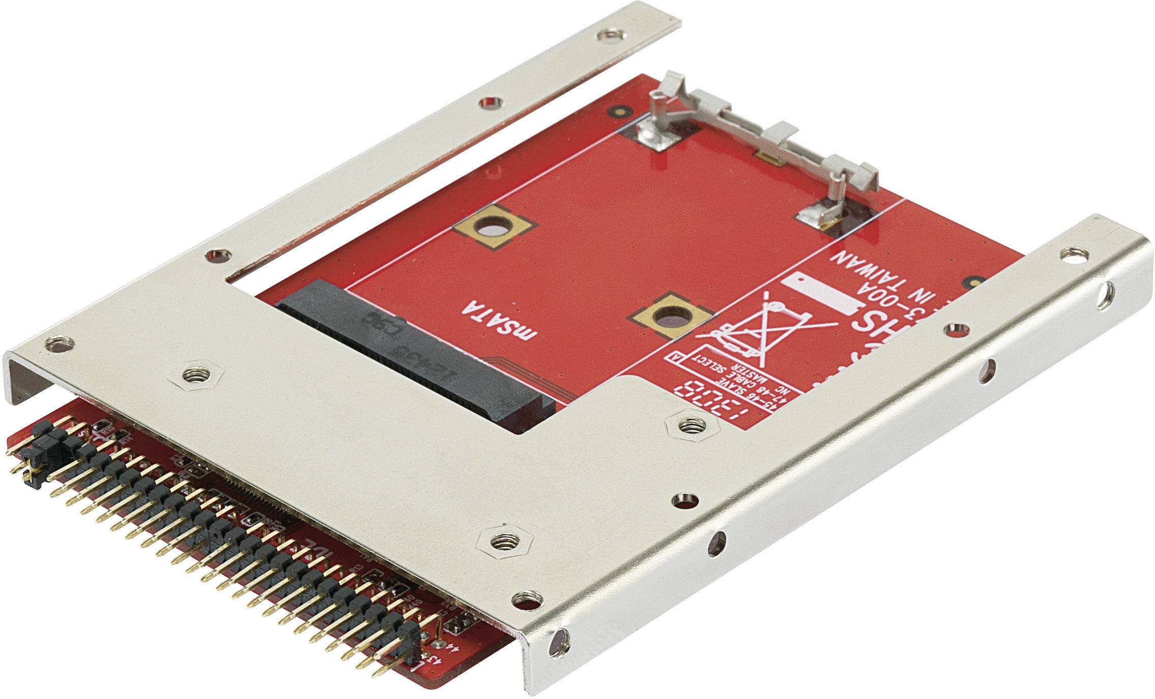 A metal adapter for hard drive connections shows a red circuit board with plug contacts. Suitable for installation in electronic devices.