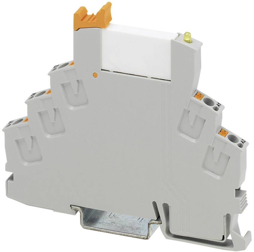Terminal strip with multiple connection points, orange-white components, predominantly grey. Used for electrical connections.