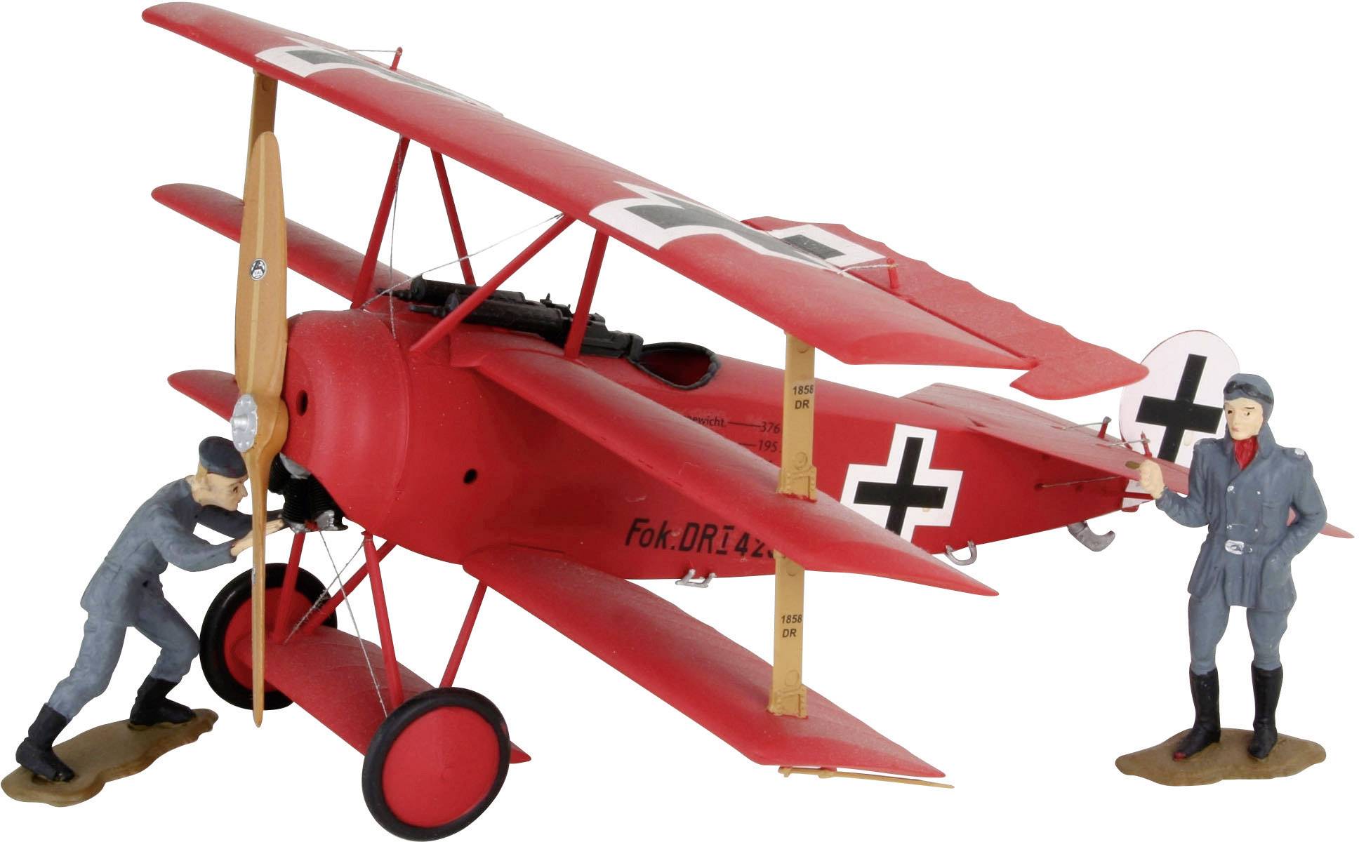 A red biplane model aircraft in a First World War style, flanked by two figurines in military uniforms depicting maintenance work.