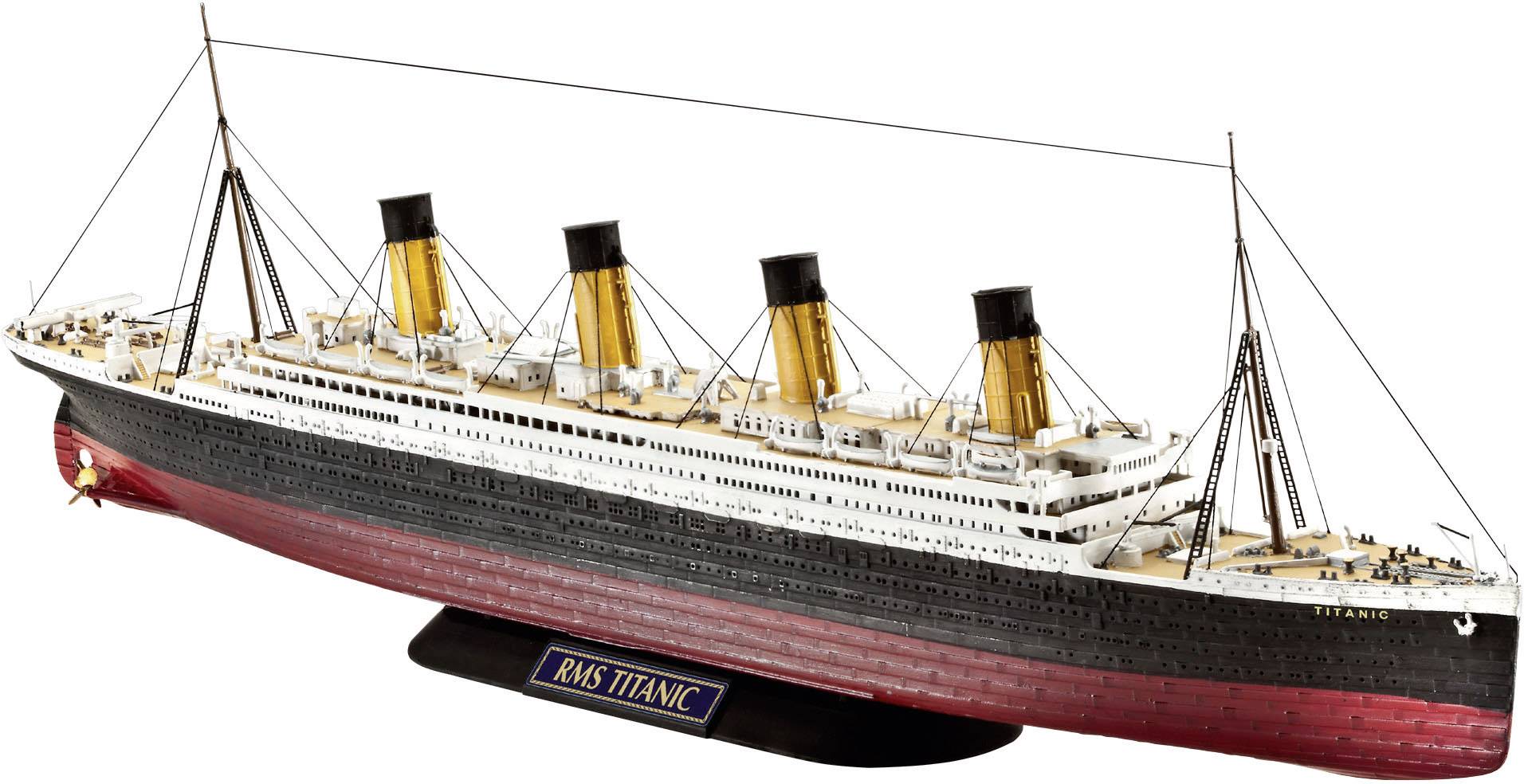 A detailed model of the RMS Titanic, depicting a large passenger ship with four funnels, placed on a black base.