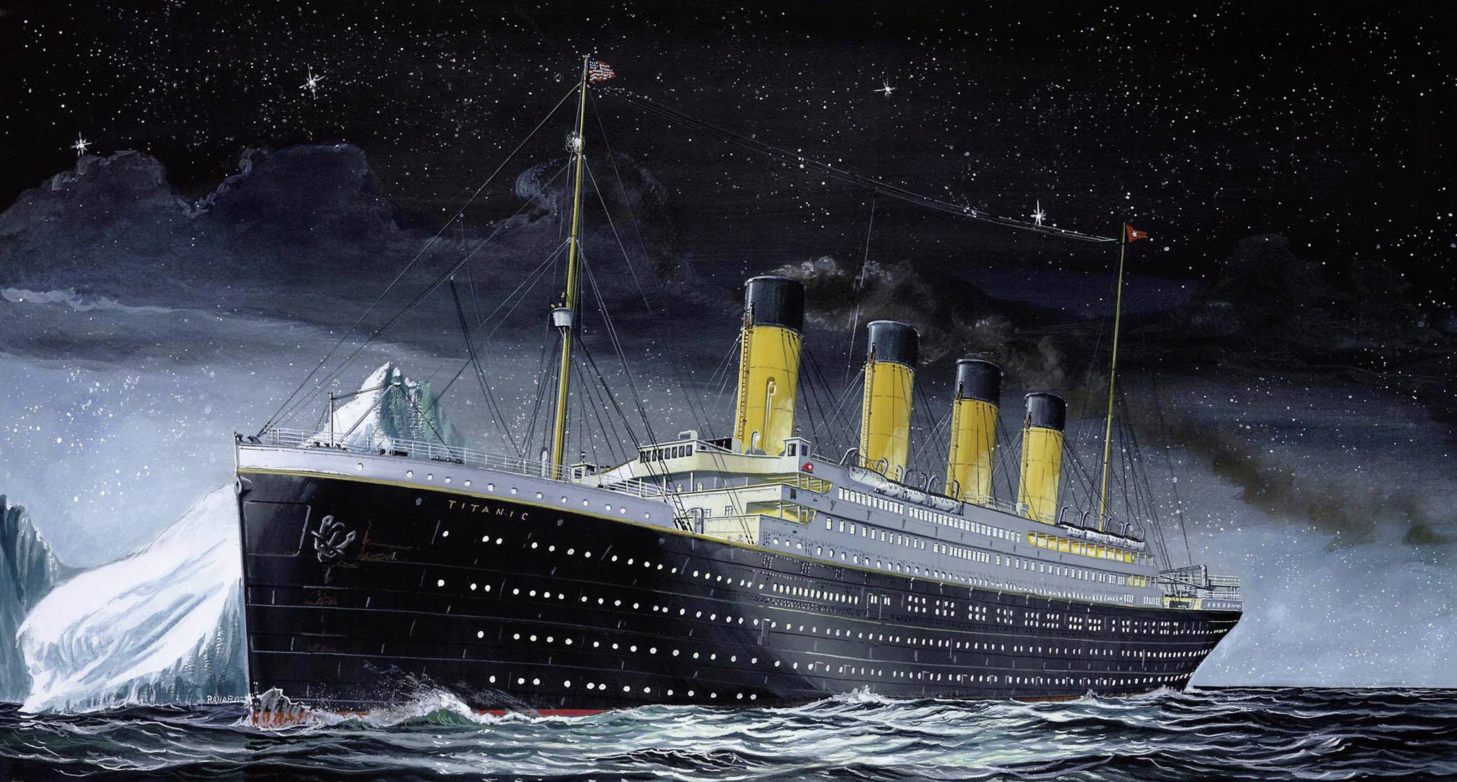 A large passenger ship with four funnels sails through an ocean at night, passing by an iceberg.