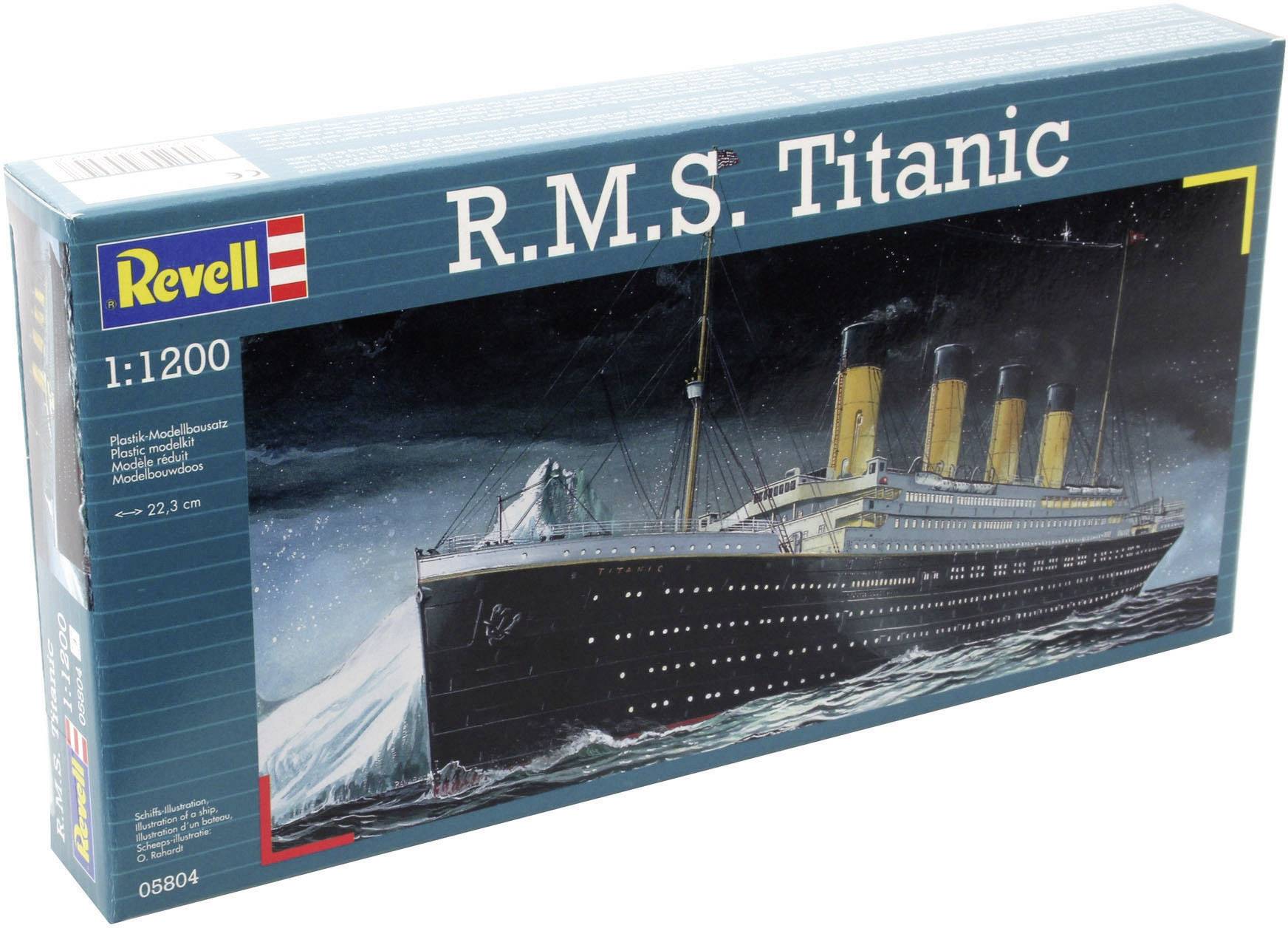Model kit of the 'R.M.S. Titanic' at a scale of 1:1200 by Revell, depicting the famous ship in a dramatic night-time scene.
