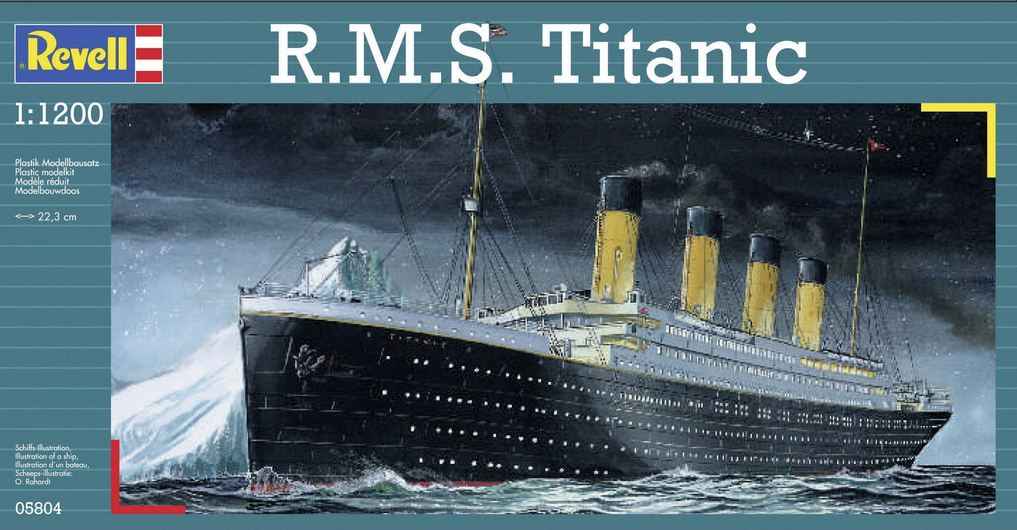 Model of the R.M.S. Titanic in stormy seas, at a scale of 1:1200. Packaging by Revell featuring an illustration of the ocean liner.