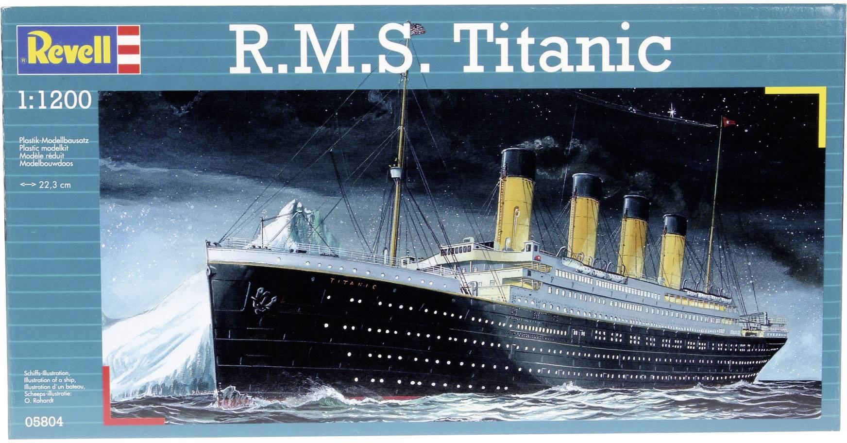Revell model kit of the R.M.S. Titanic at a scale of 1:1200. Packaging depicts an artistic representation of the ship at night.