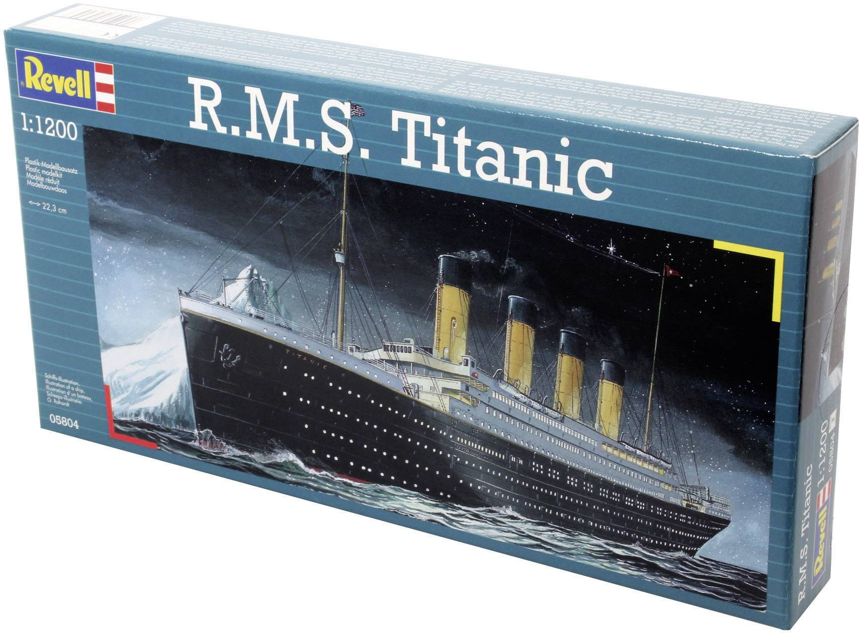 Revell model kit of the 'R.M.S. Titanic' at a scale of 1:1200; packaging image shows the illuminated ship at night on a stormy sea.