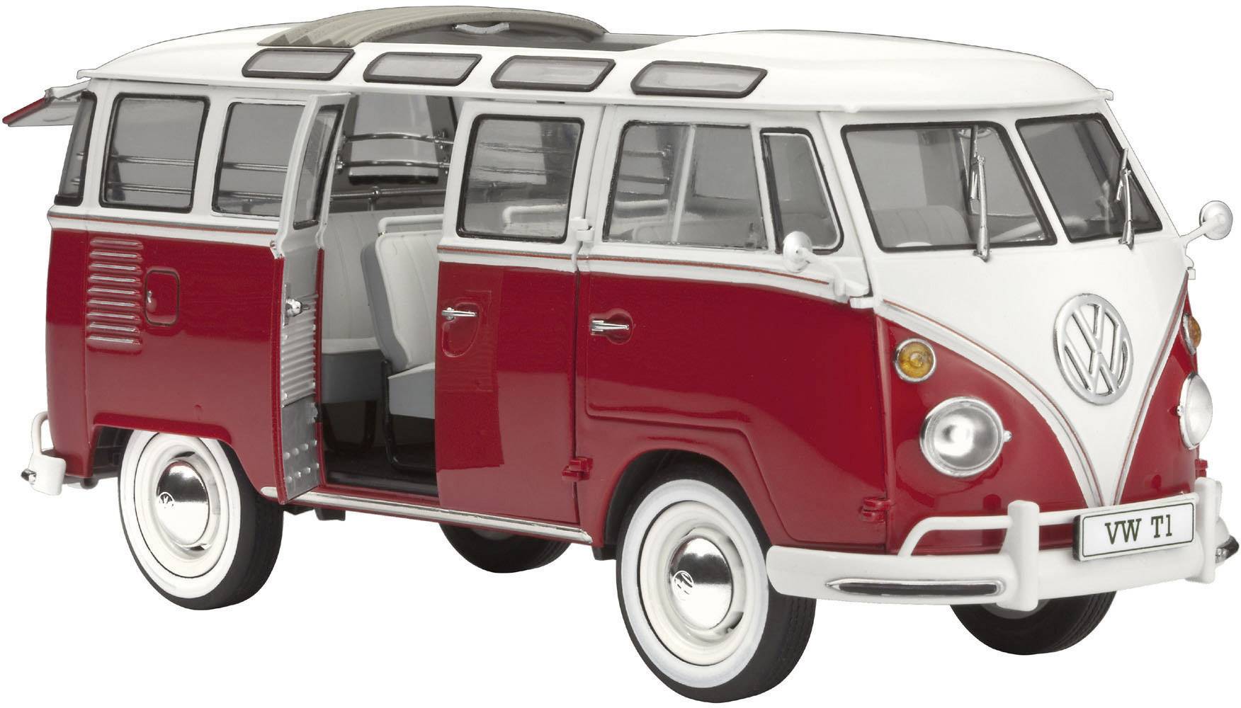 A red and white VW T1 van with open doors, showcasing its classic design and interior.
