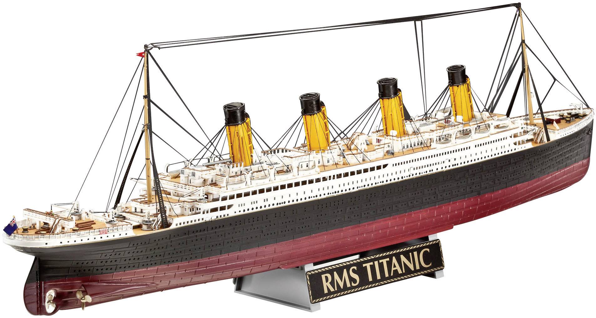 A model of the RMS Titanic with typical yellow-black funnels and red underwater section, mounted on a stand with labelling.