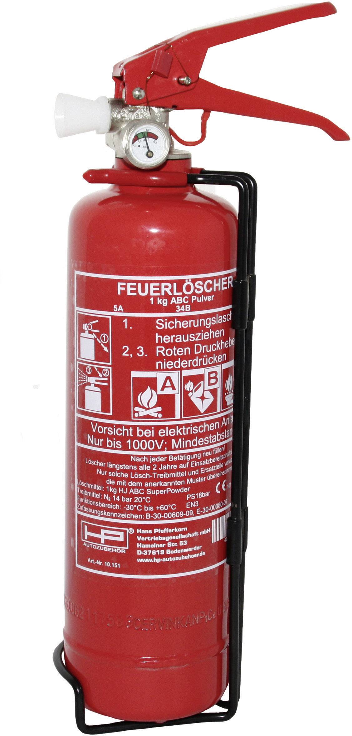 Red fire extinguisher with instructions on the front. Silhouette of a small fire extinguisher above. Suitable for electrical fires.