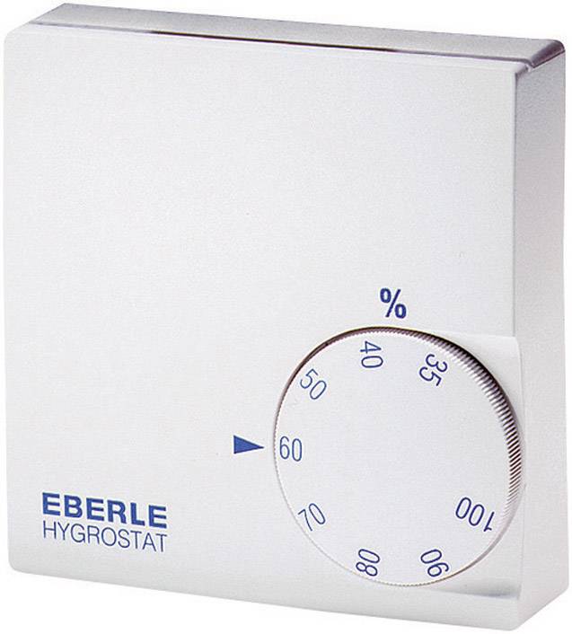 A humidity controller with a rotary dial. The dial shows humidity in percentage. Brand 'Eberle'. Predominantly in white.