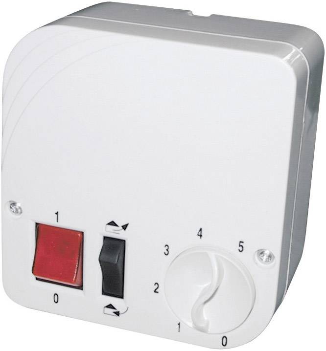 A white electrical switch box with a red toggle switch and a rotary dial with a scale from 0 to 5.