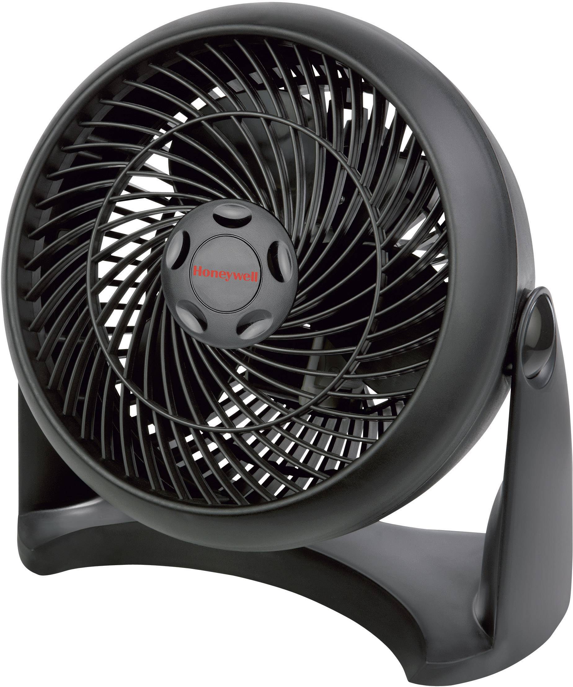 A small, black desk fan in profile, showing the grille and rotor blades. Brand name visible in the centre.