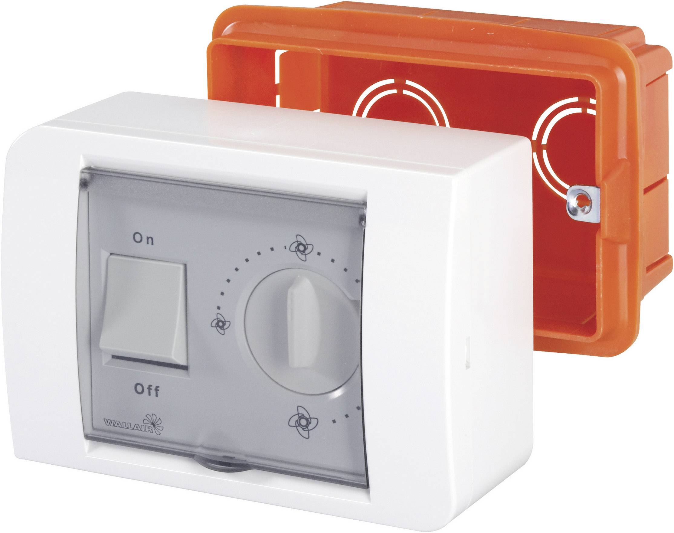 A white plastic switch housing with a toggle switch marked 'On' and 'Off' and a rotary control, pictured in front of an orange mounting box.