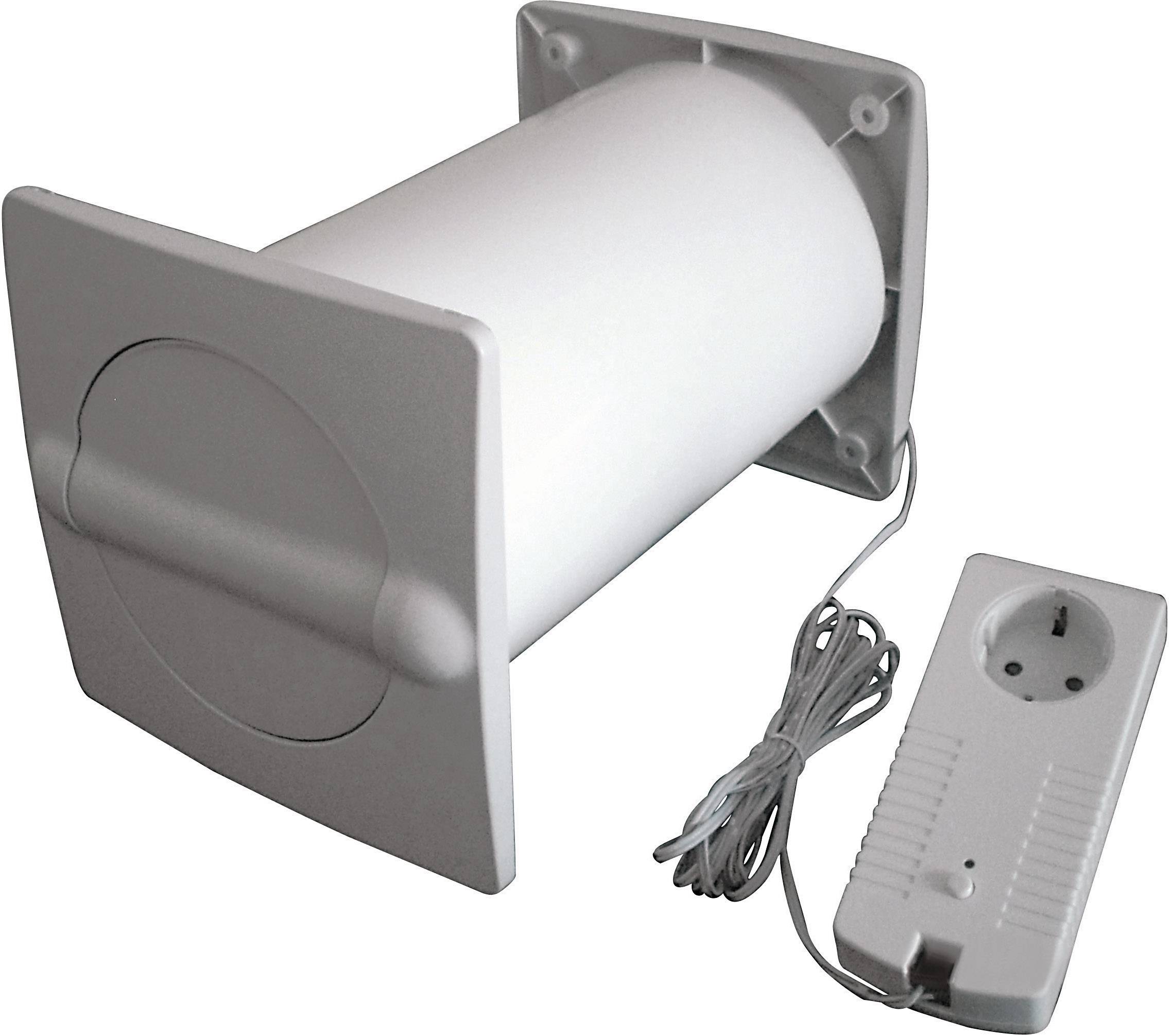 Ventilation unit with circular fan, wall mount and cable. Next to it lies a power socket with cable connection.