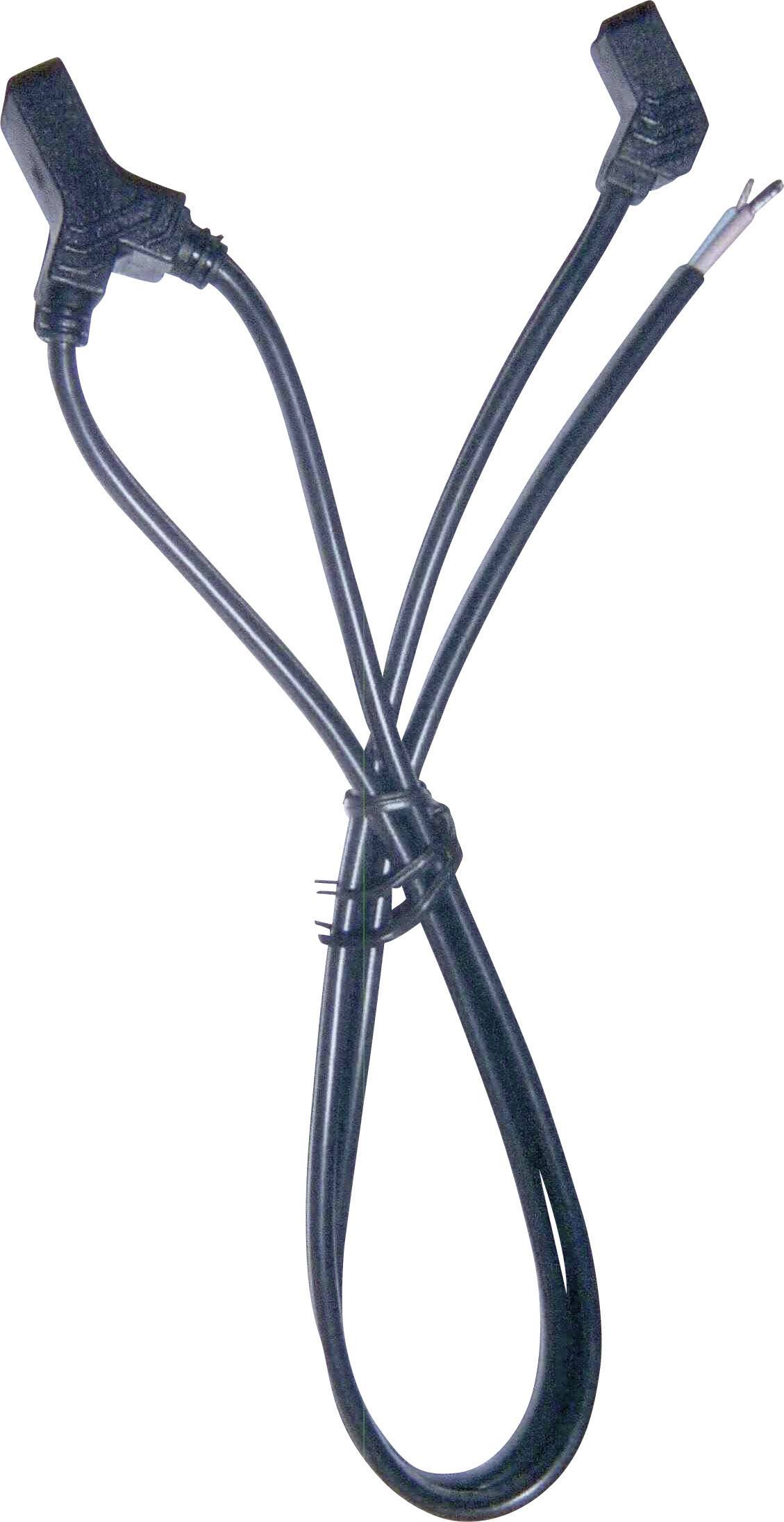 A black network cable with two angled plugs at one end and exposed wires at the other, arranged in a Y-shape.