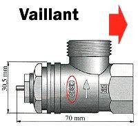 Ventilation view of a Vaillant oil cap with measurements: 30.5 mm height and 70 mm length. Arrow pointing right, indicating direction.