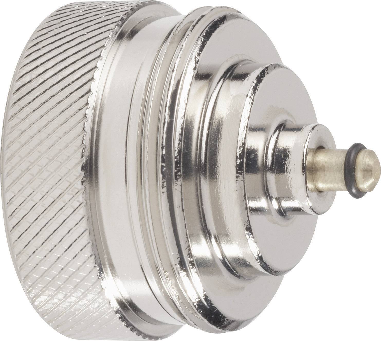 Metallic component with a fluted edge and a small protruding pin, possibly a valve or connecting piece.