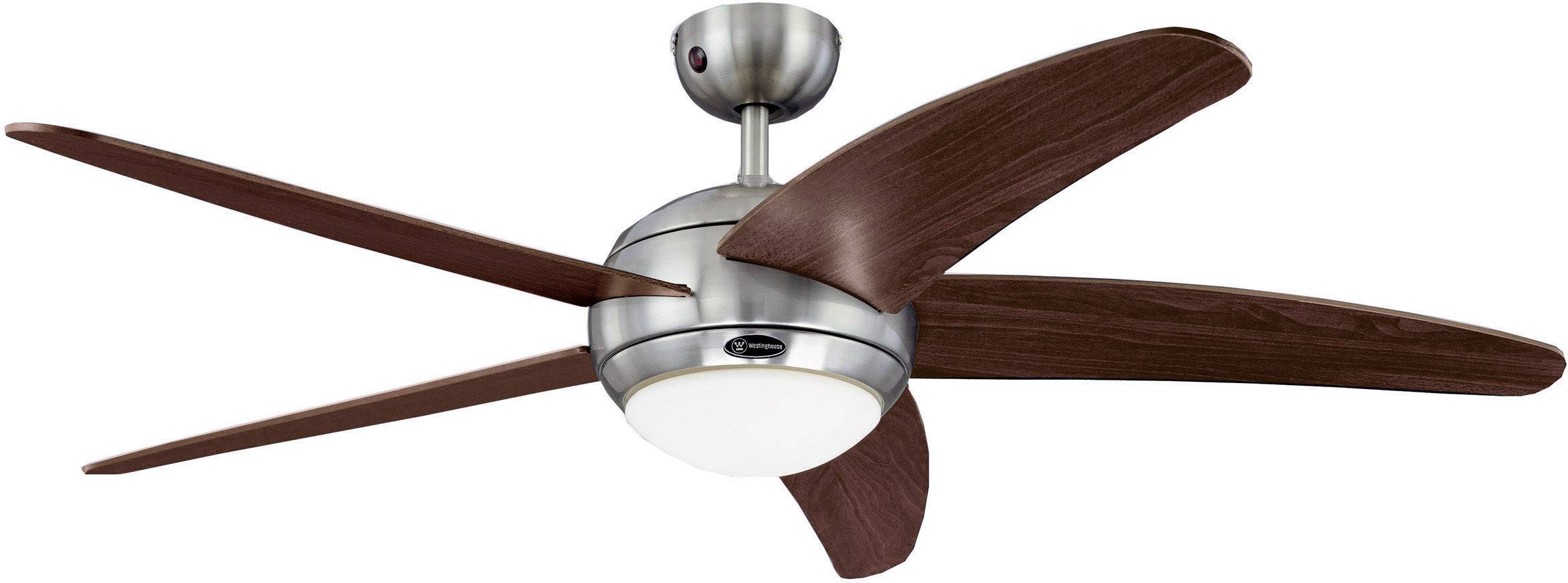 Ceiling fan with a silver casing and five dark brown wooden blades.