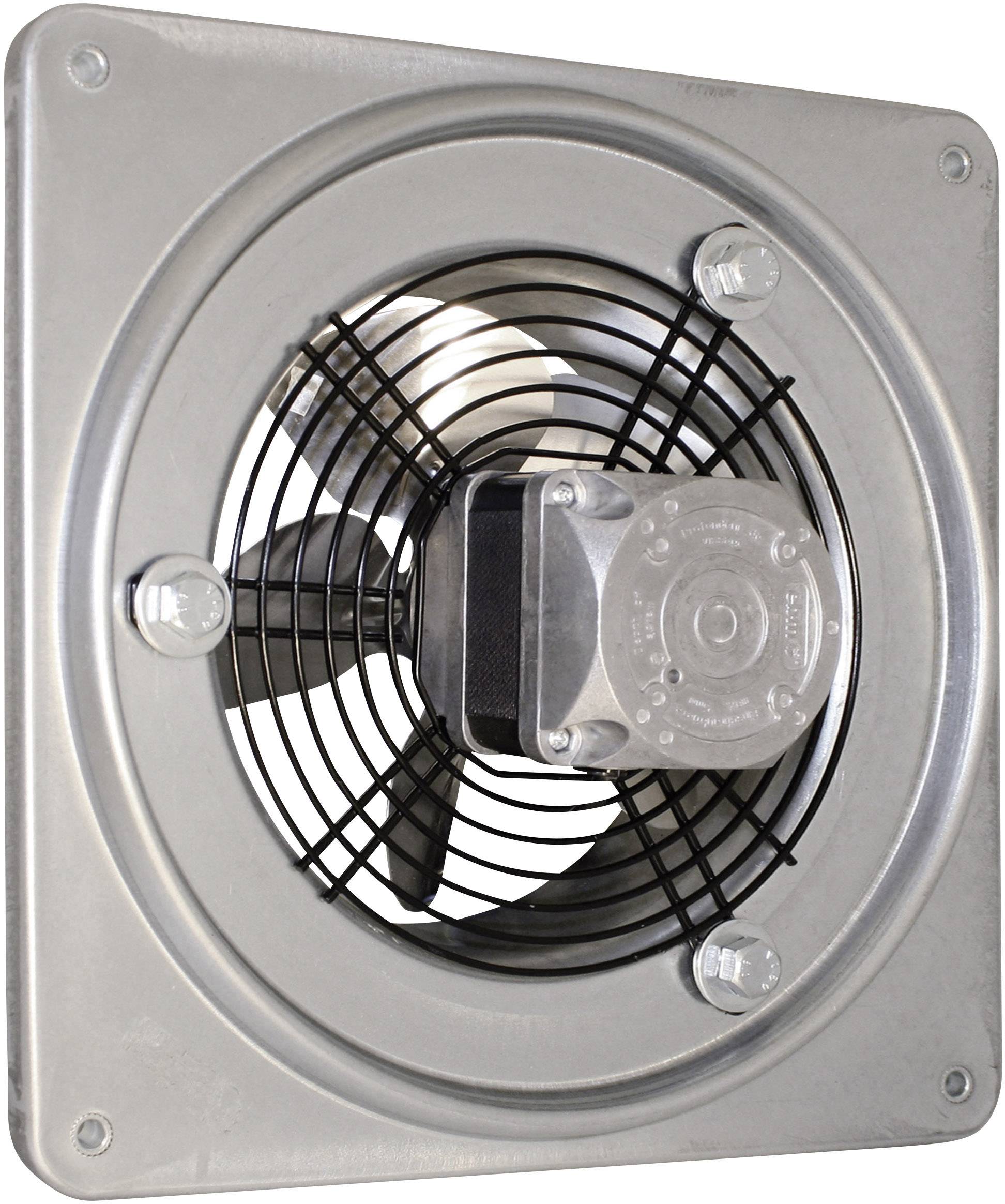 A square metal extractor fan with a central motor and protective grille, mounted on a wall plate, for industrial ventilation.