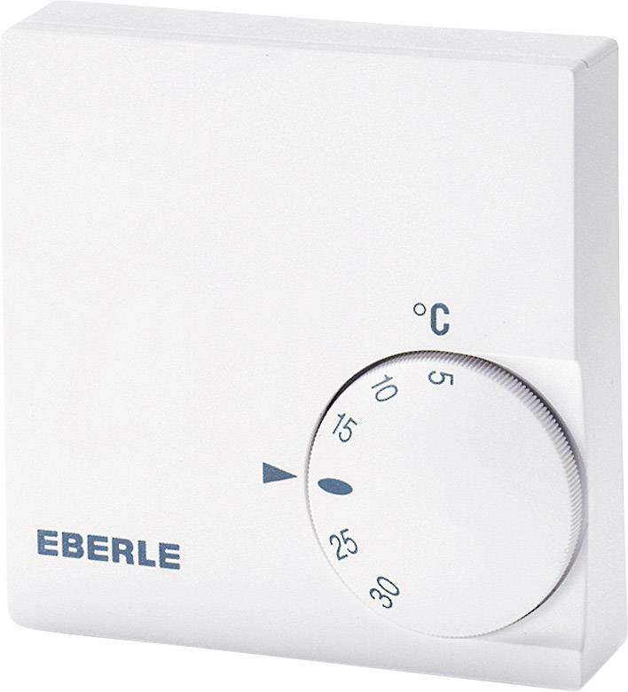 A white room thermostat with a rotary dial. The dial shows temperature markings from 5 to 30 degrees Celsius. Brand 'EBERLE'.