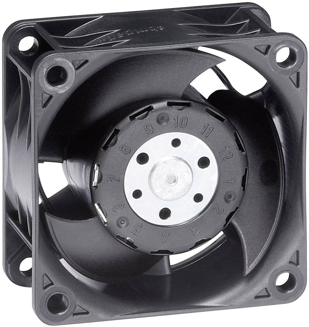 A black computer fan with a square frame and four mounting holes, showing five rotor blades in the centre.