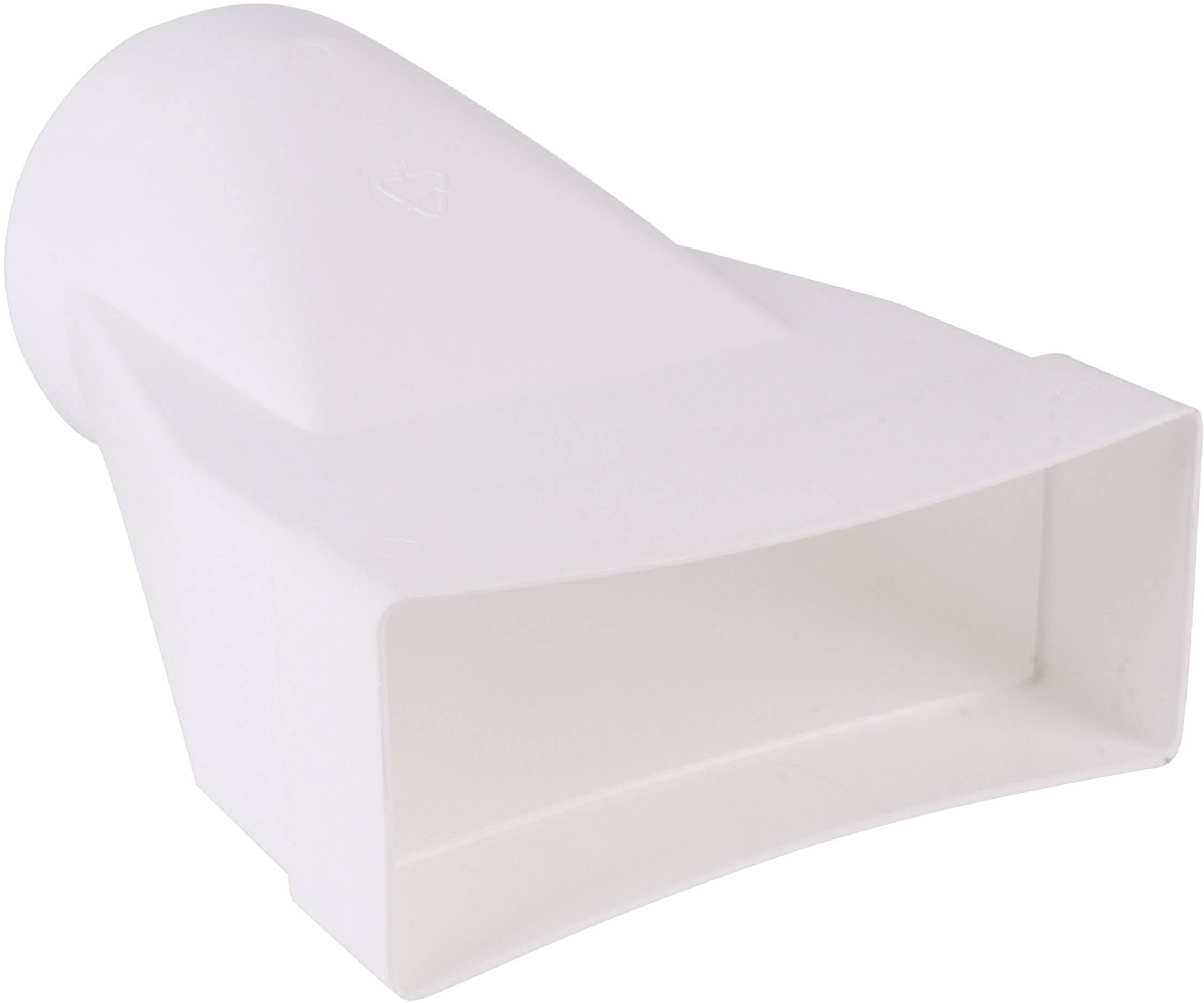 White adapter for connecting rectangular and round ventilation ducts, manufactured from plastic.