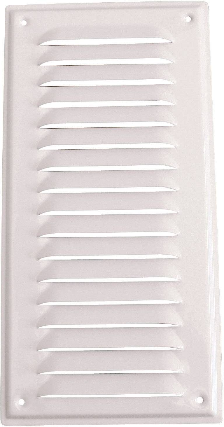 Metal ventilation grille, rectangular, with horizontal louvres, in a light colour.