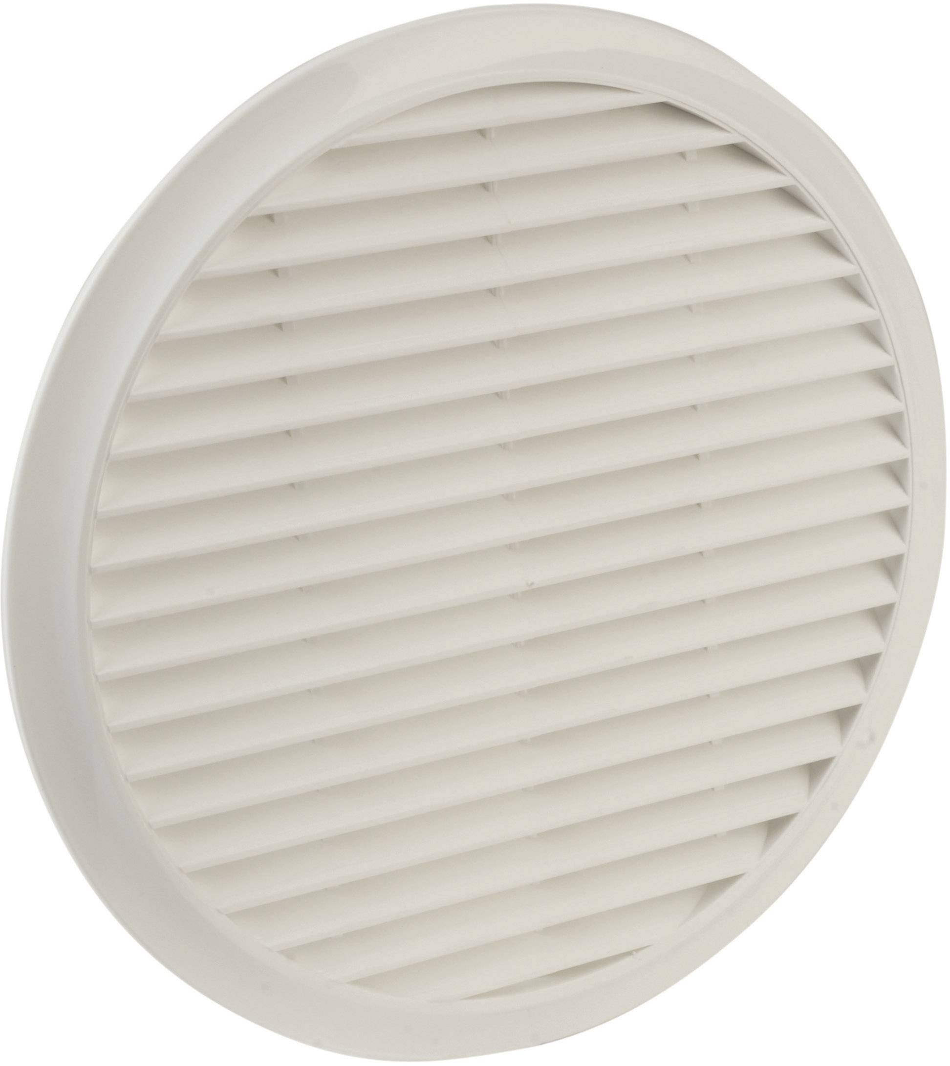 A white, round ventilation grille with horizontal louvres, suitable for ventilation systems.