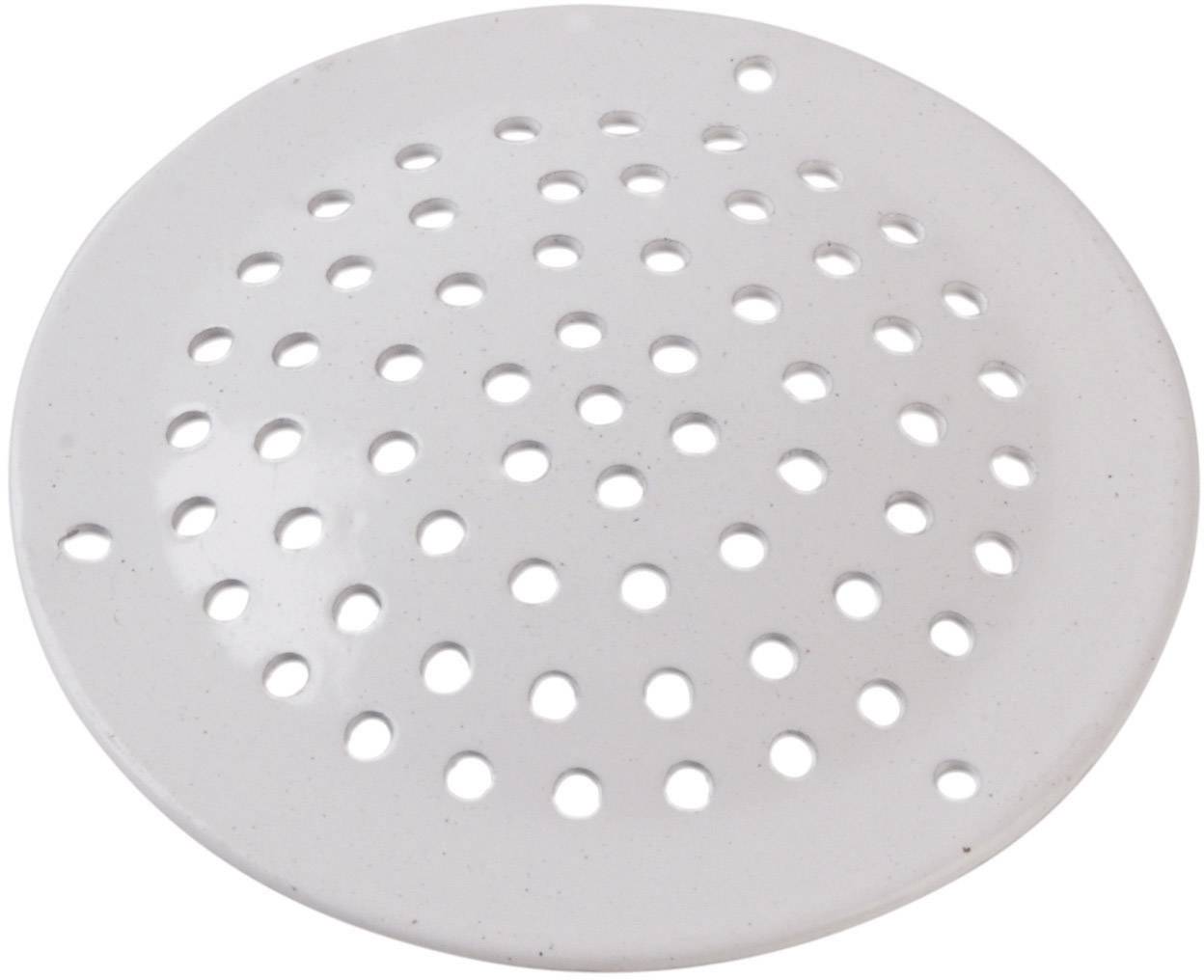 Round, white ceramic coaster with multiple circular holes for ventilation.