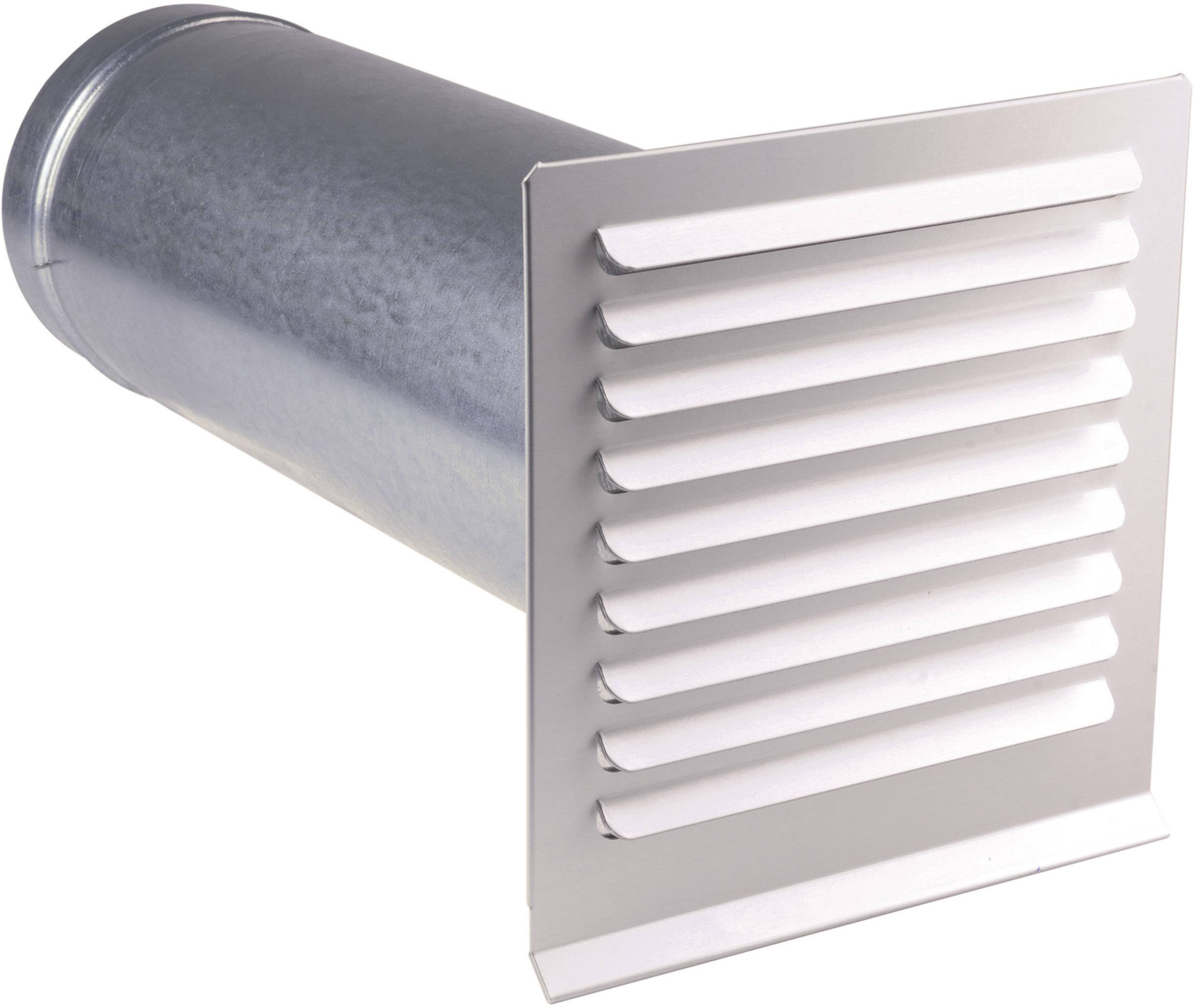 Round metal ventilation pipe with a rectangular, louvred grille at one end for air circulation.
