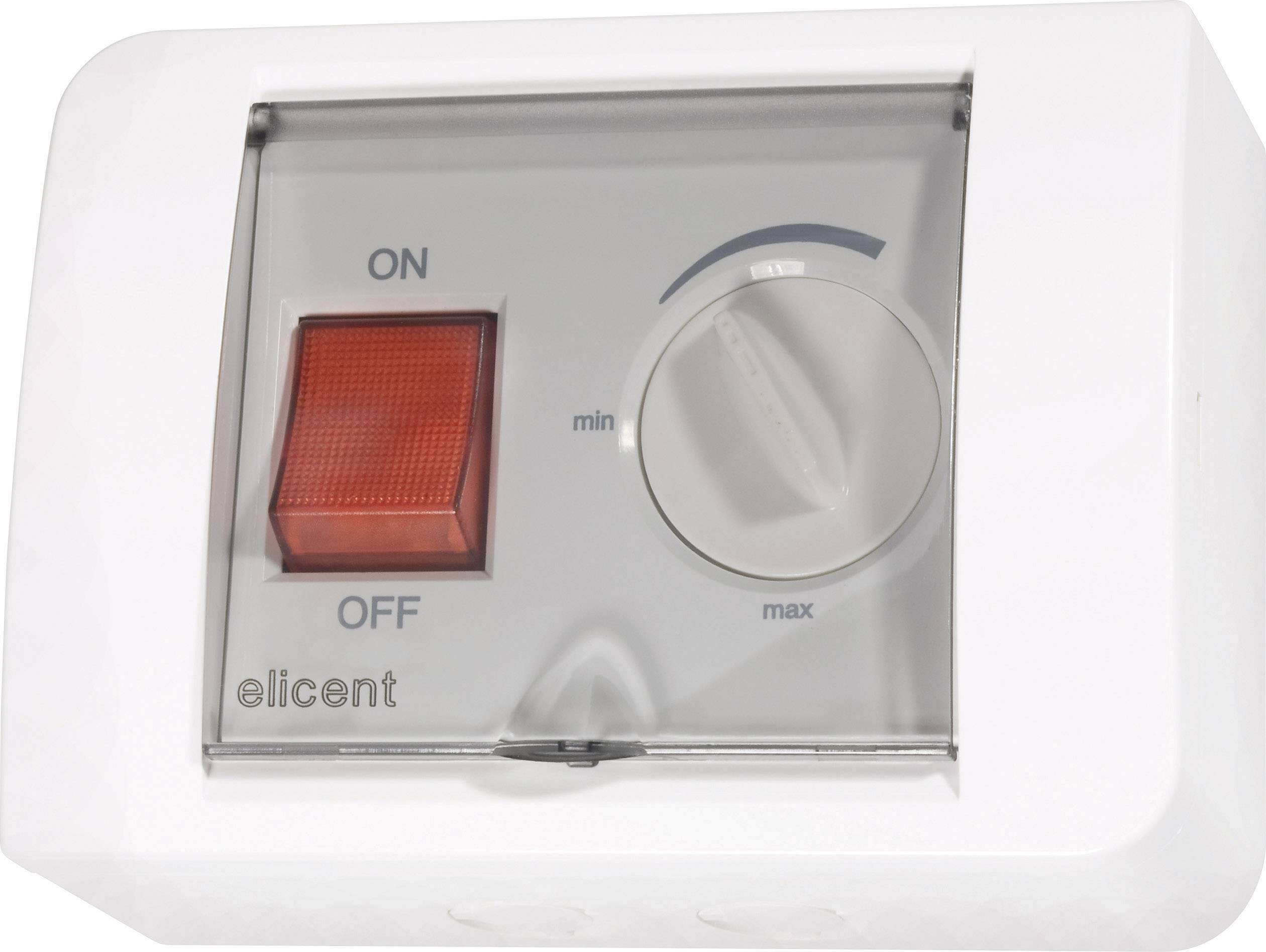 Ventilation switch with red 'ON/OFF' button and rotary dial for minimum-maximum setting.