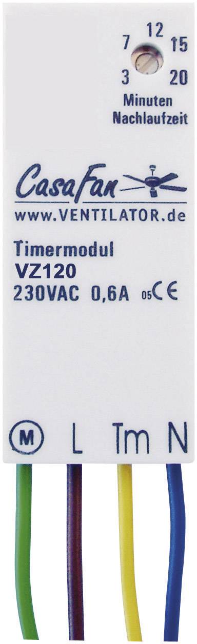 Timer module by CasaFan with run-on times of 3, 7, 12, 15, 20 minutes. Model VZ120, 230VAC, 0.6A. Connections: M, L, Tm, N.