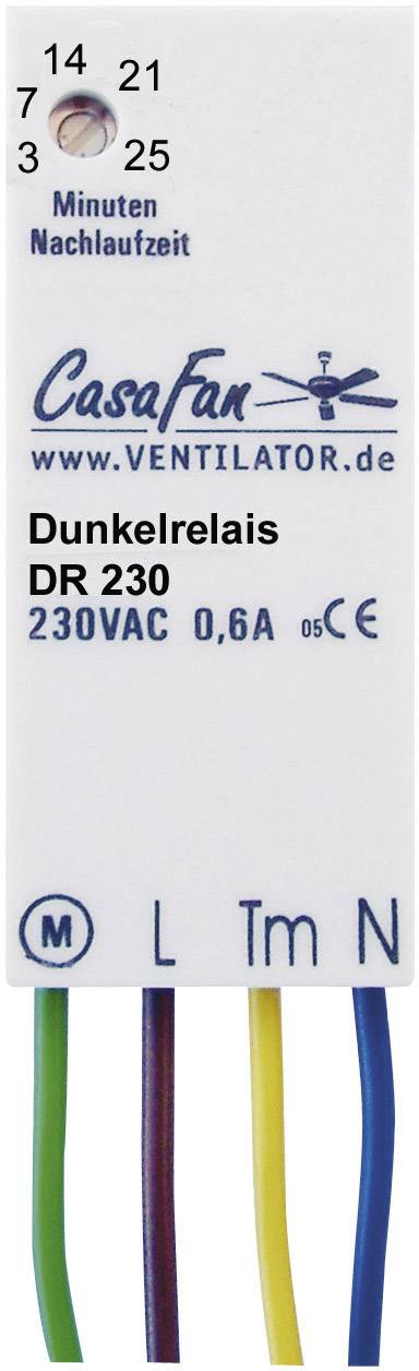 White electrical component with 'Dunkelrelais DR 230' inscription by CasaFan, showing minutes of run-on time, has coloured cable connections.