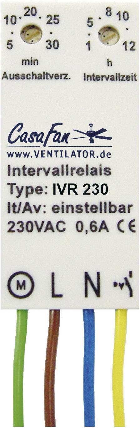 An interval relay with labels: 'Switch-off delay' in minutes and 'Interval time' in hours. Type: IWR 230, 230VAC, 0.6A.