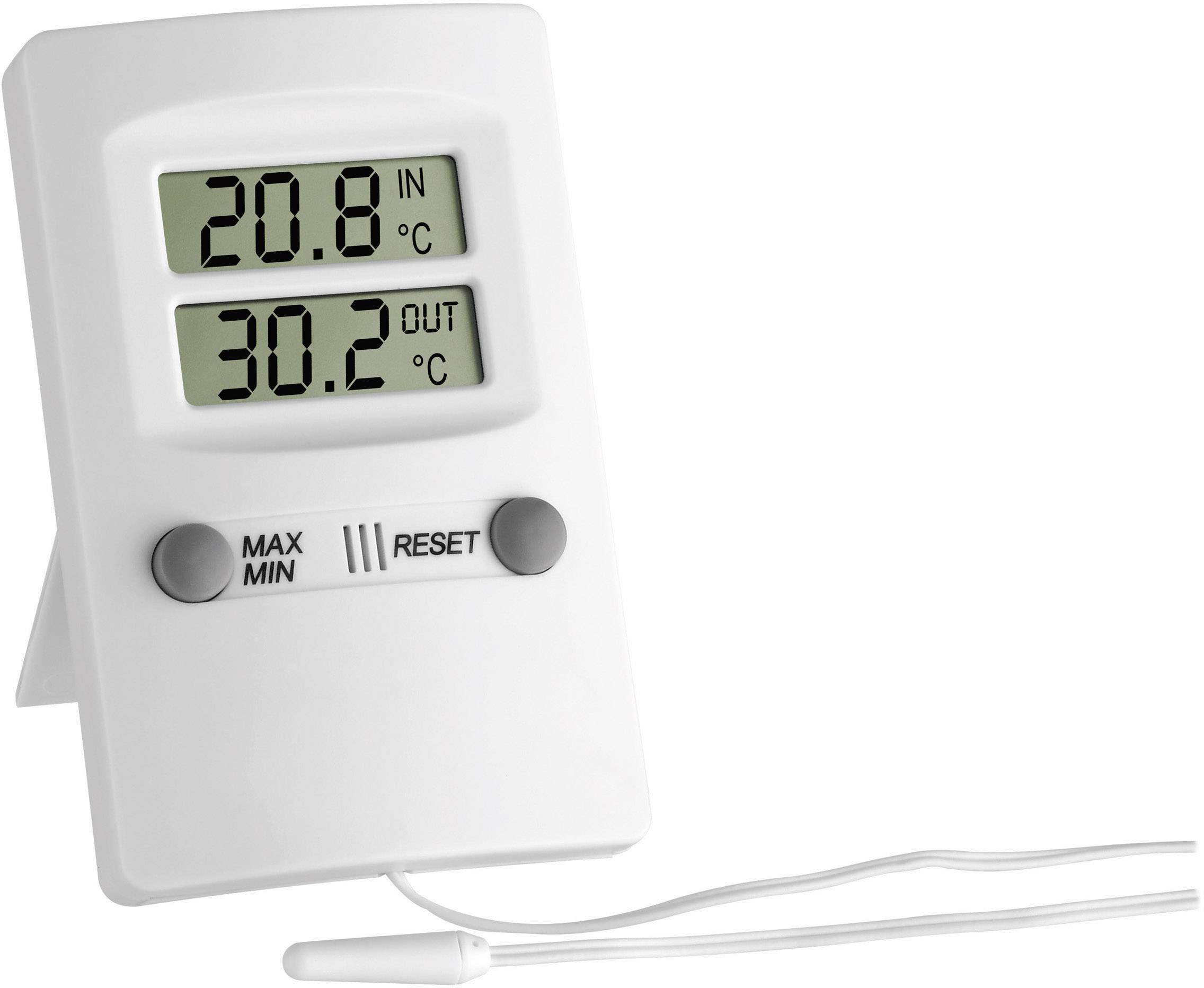 Digital thermometer with two displays: '20.8°C IN' and '30.2°C OUT'. Buttons: 'MAX MIN' and 'RESET'. White casing with sensor cable.
