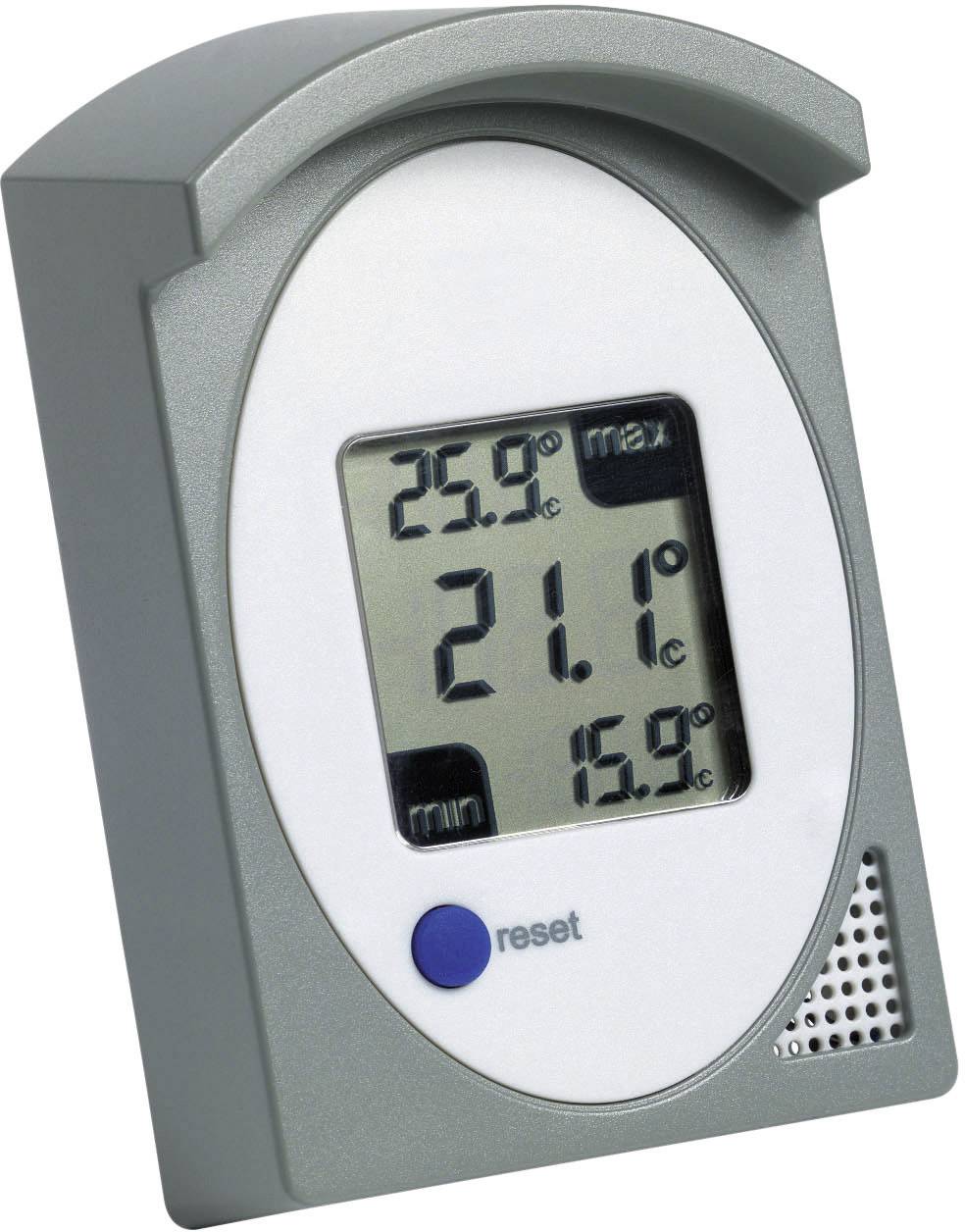 Electronic thermometer with digital display shows 25.9°C as maximum, 21.1°C currently and 15.9°C as minimum.