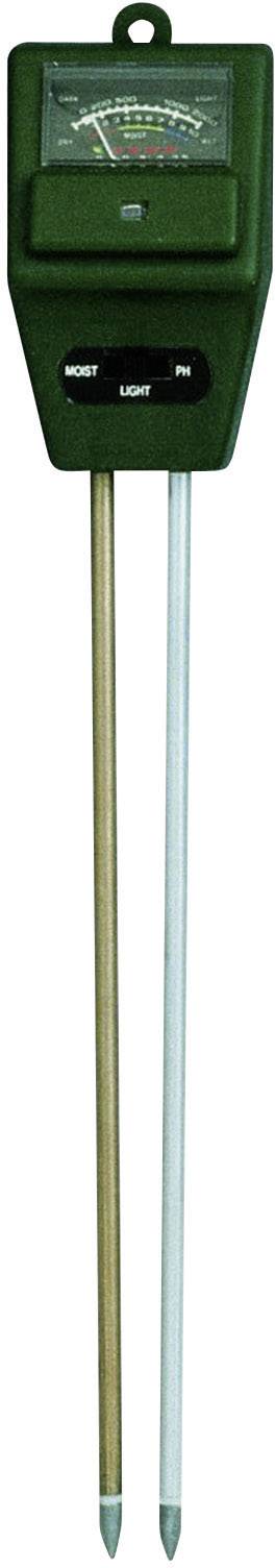Measuring device with two metal probes designed for assessing soil parameters such as moisture or pH level, compact and green in design.