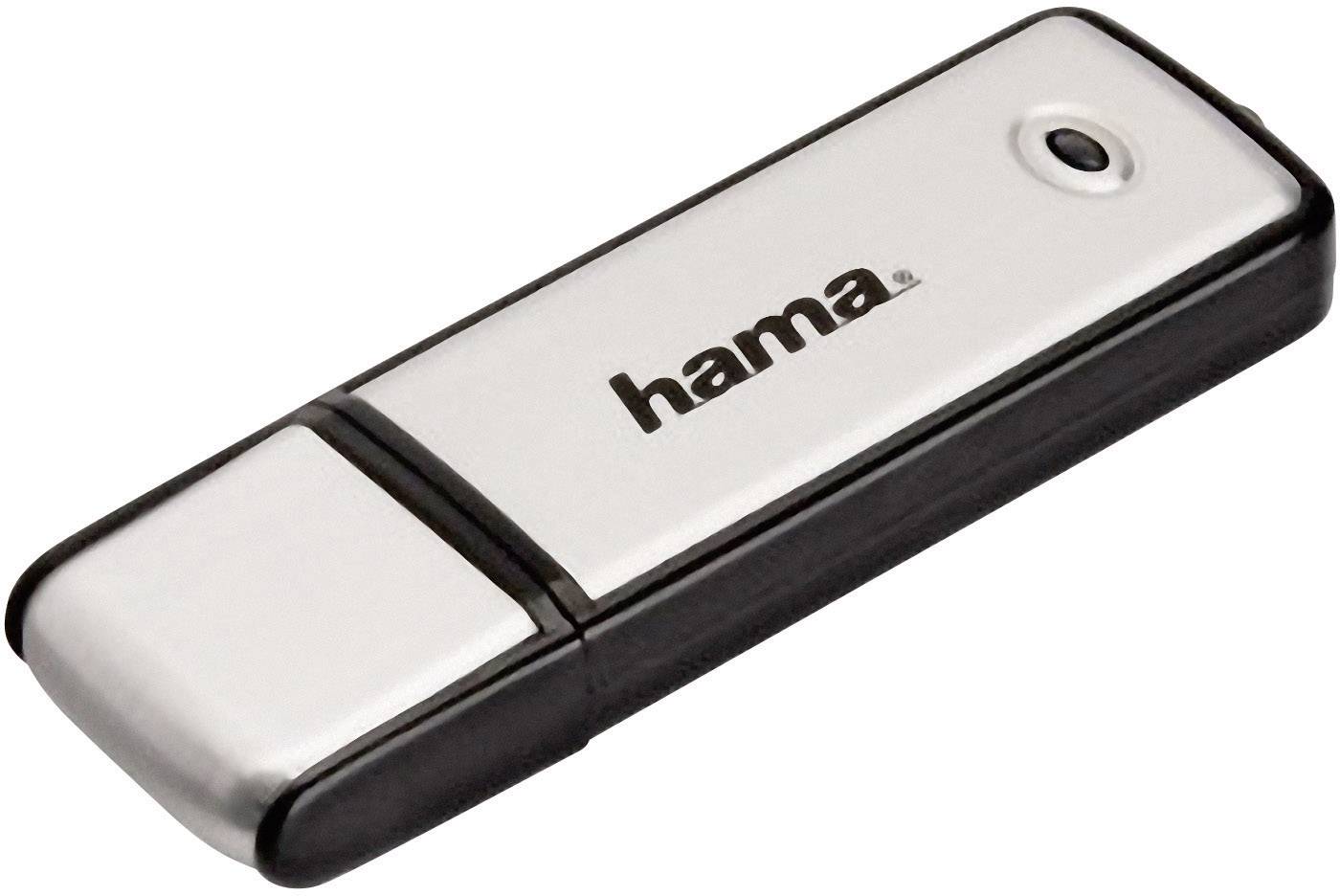 A silver USB stick with a black border and the printed 'hama' logo.