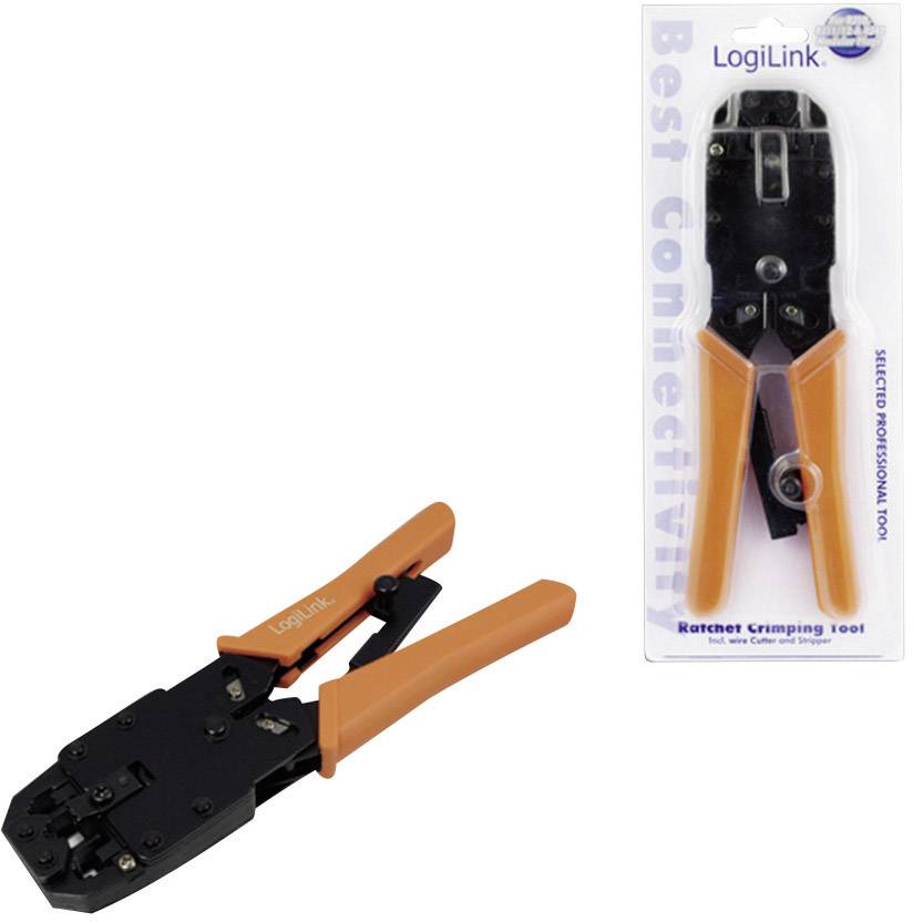 Hand crimping pliers in orange and black next to their packaging with the inscription 'LogiLink Best Connectivity'.