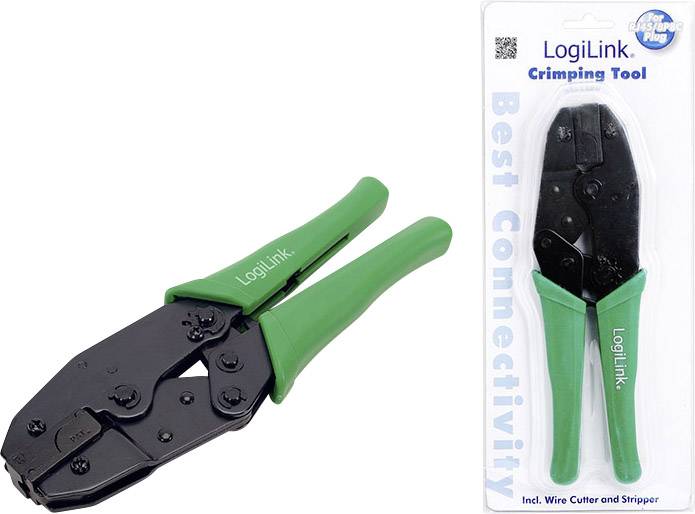 Crimping pliers with green handles by the brand 'LogiLink'. Packaging displays the same tool and emphasises 'Best Connectivity'. Suitable for cutting and stripping cables.