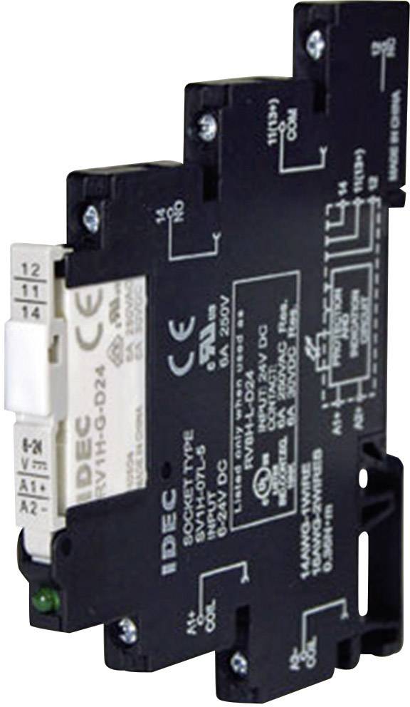 Black relay module with white terminal blocks and technical markings, including CE marking, by IDEC.