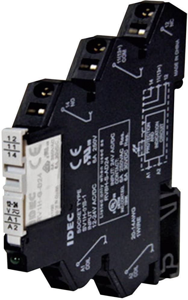 A compact, black relay with electrical terminals and technical labelling, usable in electrical circuits.