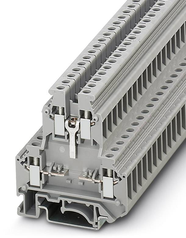 Grey multi-level plastic terminal block with screw connections, for electrical wiring and control panel construction.