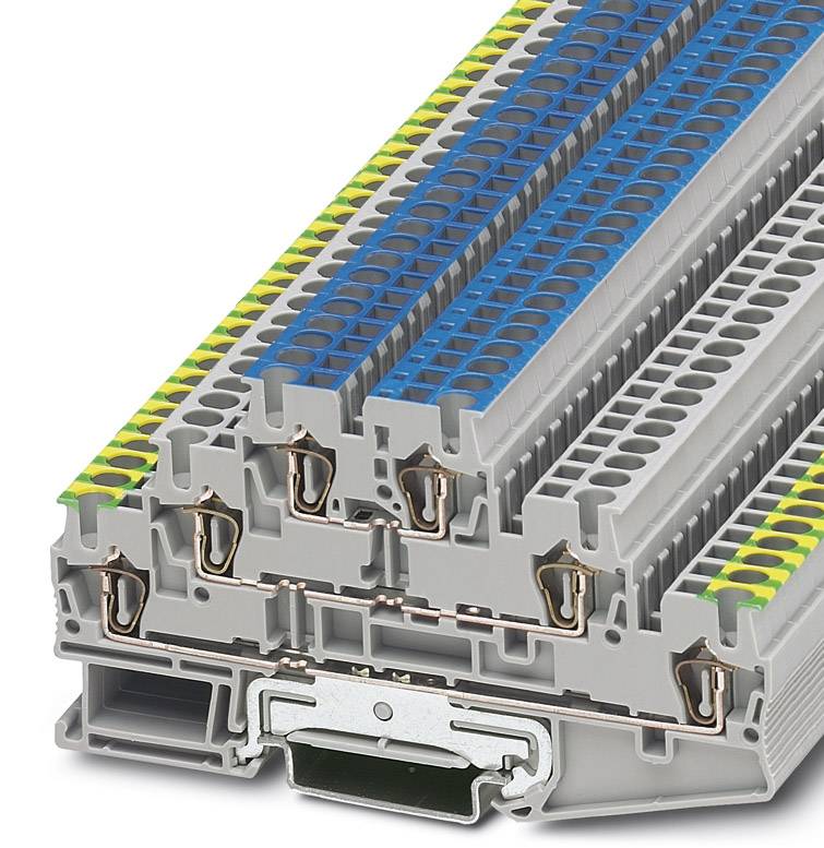 Electrical terminal strip with multiple connection elements in various colours, primarily grey, blue and yellow-green.