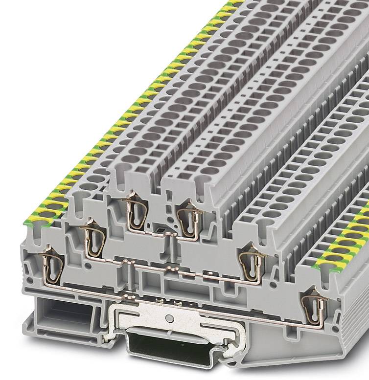 Multi-level plastic terminal block with yellow-green marking, used for cable connection in electrical engineering.