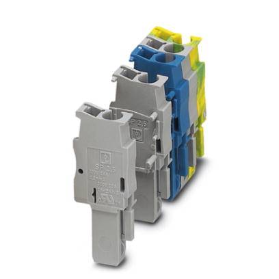 Industrial terminal blocks in Grey, Green and Yellow-Blue, stacked. They connect electrical conductors. Suitable for control and regulatory technology.