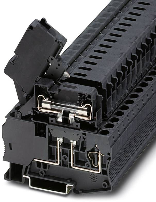 An open electrical terminal block with multiple connection options. It shows cables and metal connections inside.
